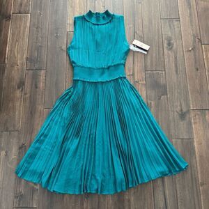 Nanette Lepore Deep Lake Aqua Blue Mock Neck Pleated Sleeveless Dress 6 NWT